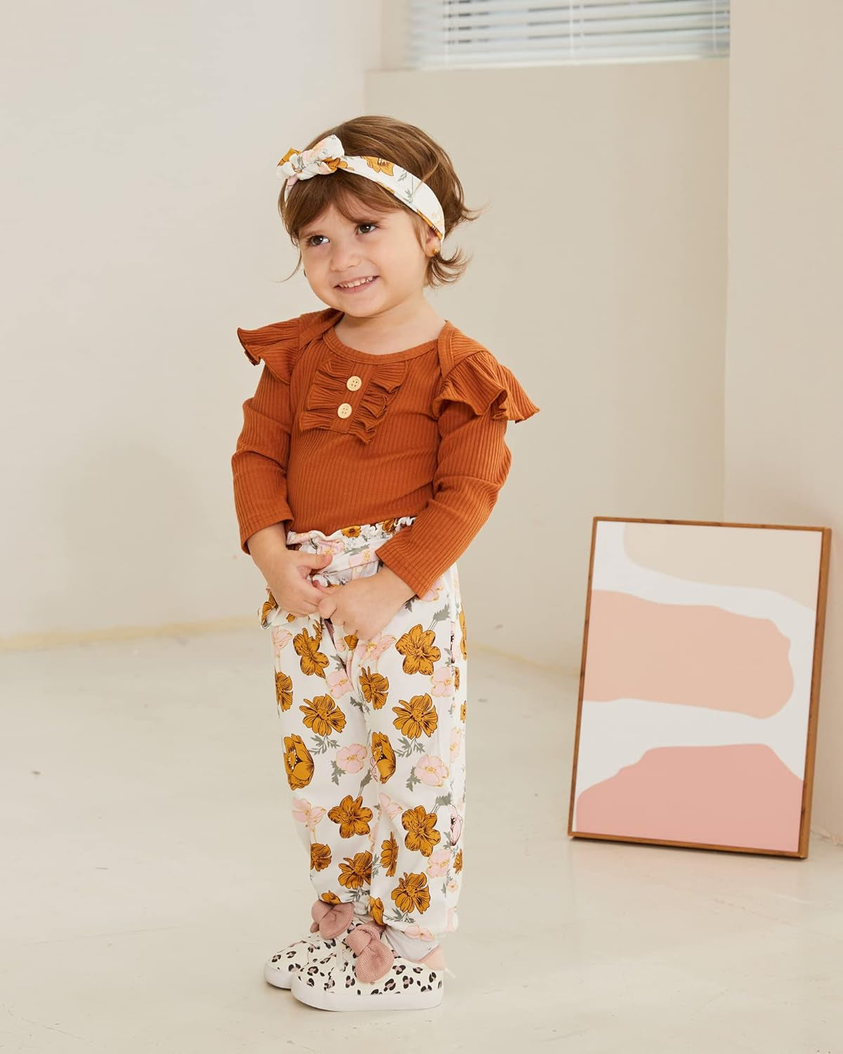 Newborn Baby Girls Clothes Ribbed Ruffled Romper+Floral Pants+Headband Infant Outfit Set